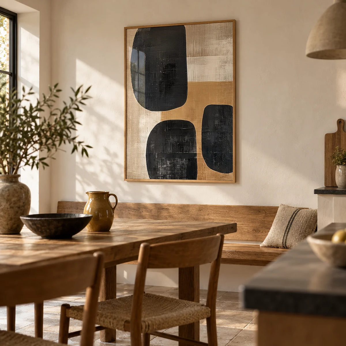 Earthy Wall Art, framed on the wall of an earthy kitchen-diner with a warm white plaster wall