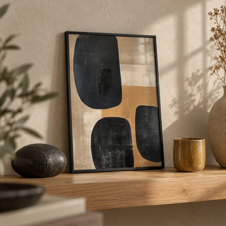 Earthy Wall Art, a small A4 framed print leaning on an oak shelf in a living room
