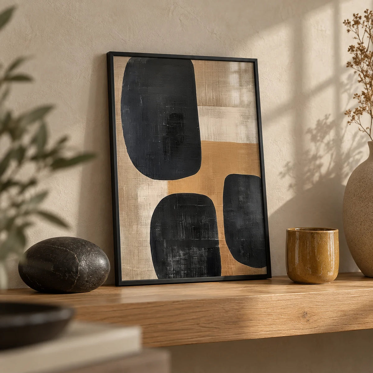Earthy Wall Art, a small A4 framed print leaning on an oak shelf in a living room