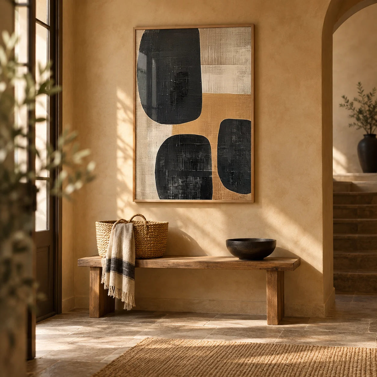 Earthy Wall Art, framed on the wall of a warm entrance hall with an ochre-tinted limewashed wall and a stone floor