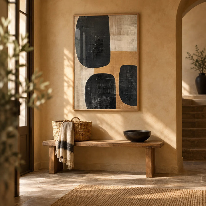 Earthy Wall Art, framed on the wall of a warm entrance hall with an ochre-tinted limewashed wall and a stone floor