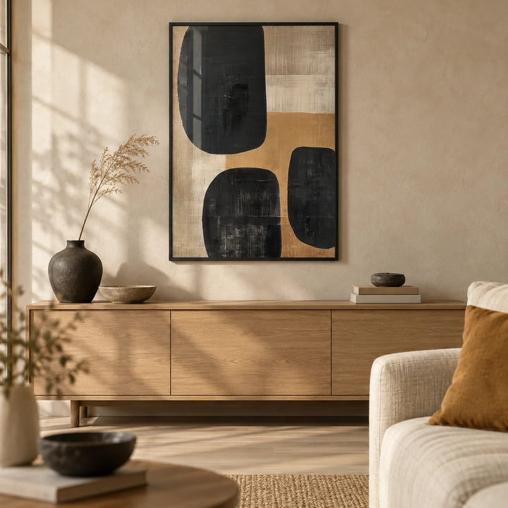 Earthy Wall Art, framed on the wall of a warm Japandi living room with a sand limewashed wall and a pale oak floor