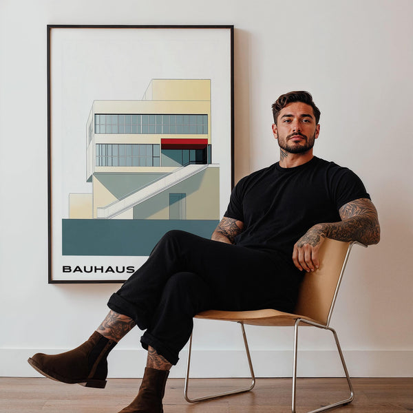 Neutral-toned architecture featured in geometric mid century modern art style.