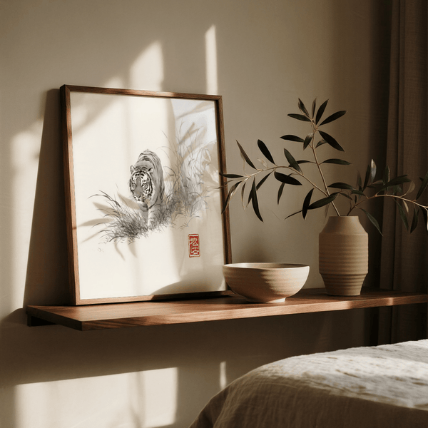 Minimalist Tiger Ink Art wall art with gray and white for hallway