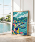 Colorful Coastal Art Print for creative studio wall art in Pink and Green.