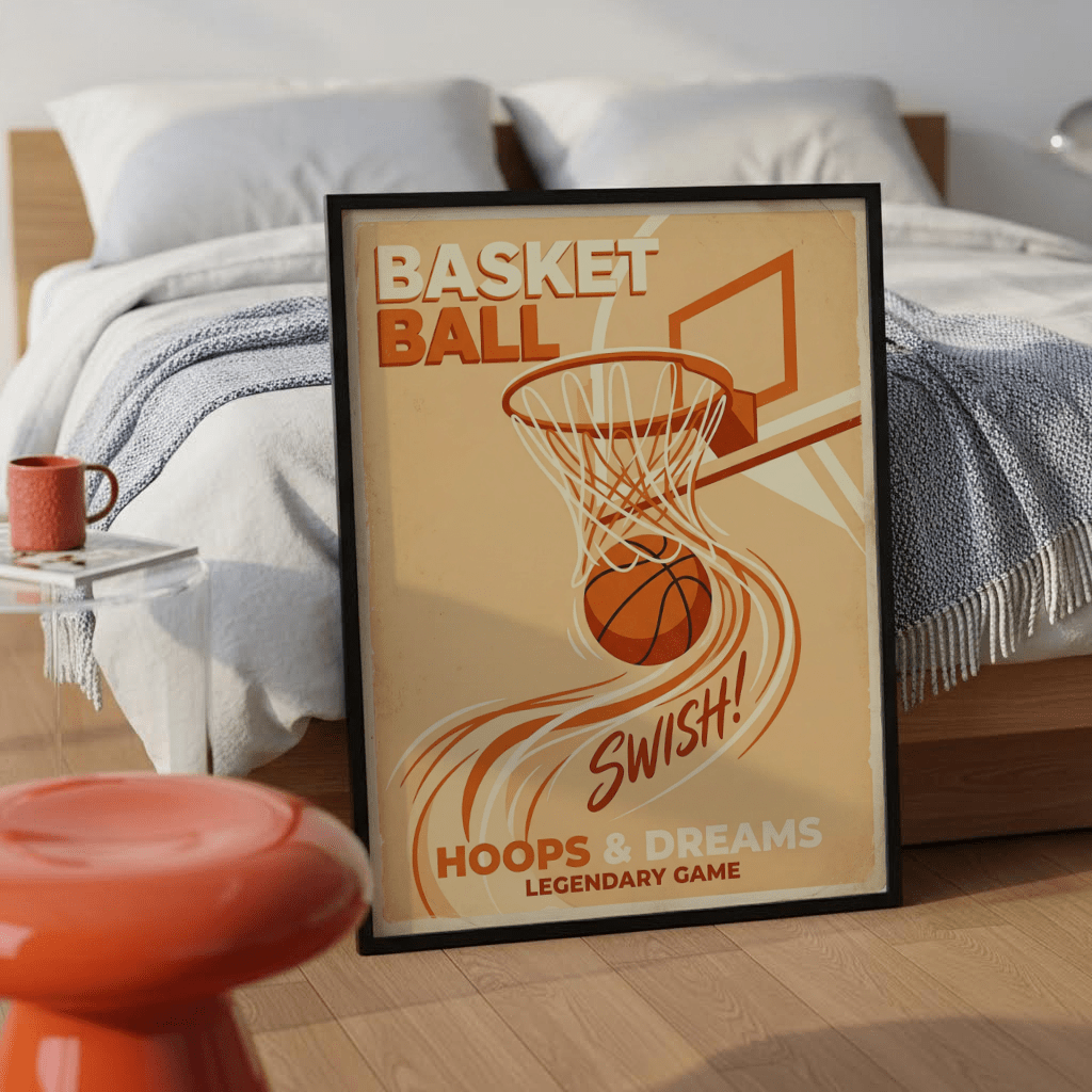 Graphic hoop design framed by backboard outline and large BASKETBALL text