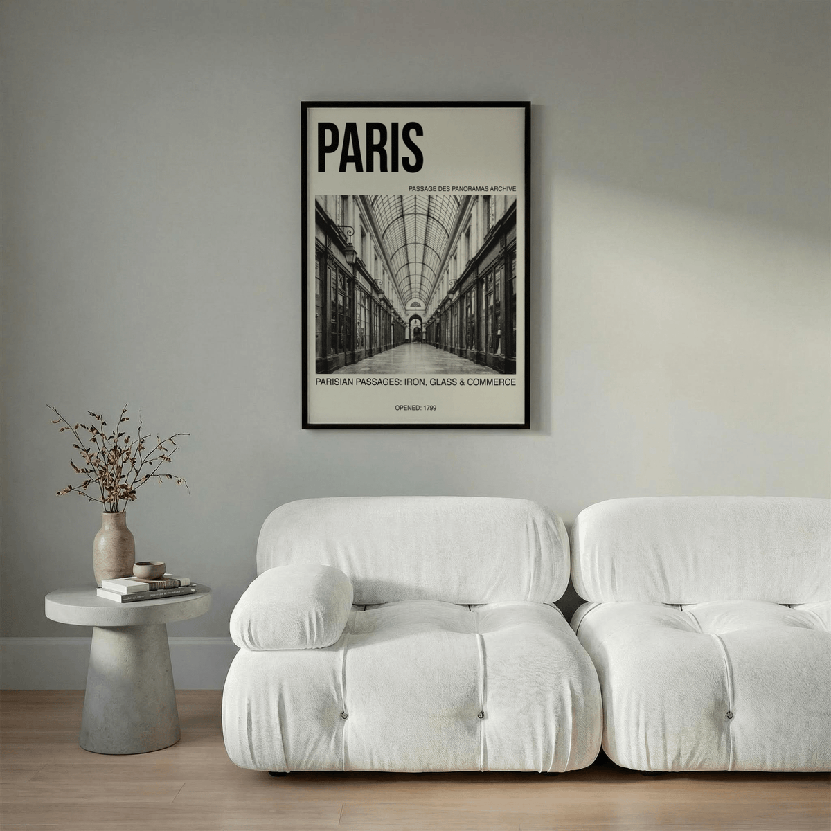 Gallery wall arrangement featuring Parisian Passage Art Print alongside other city prints