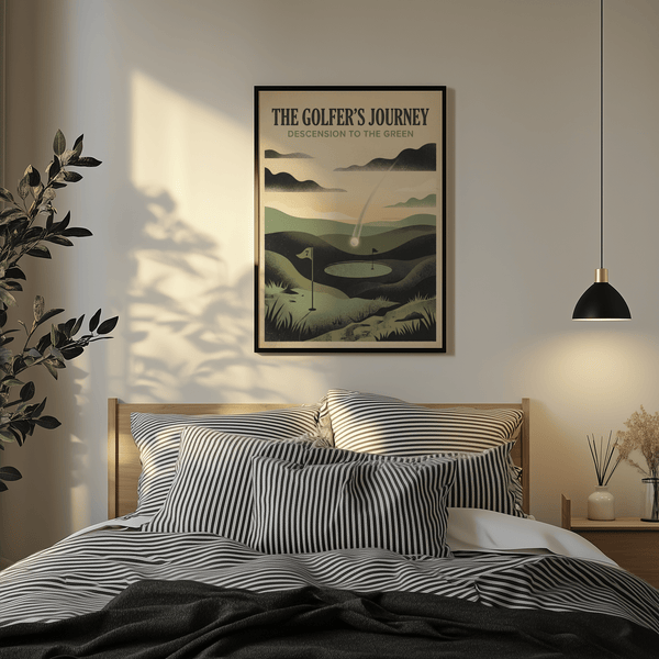 Golf Landscape Art Print depicting a stylized green, flag, and layered hill silhouettes