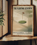 Graphic golf wall art print featuring a single hole cup on a levitating green platform