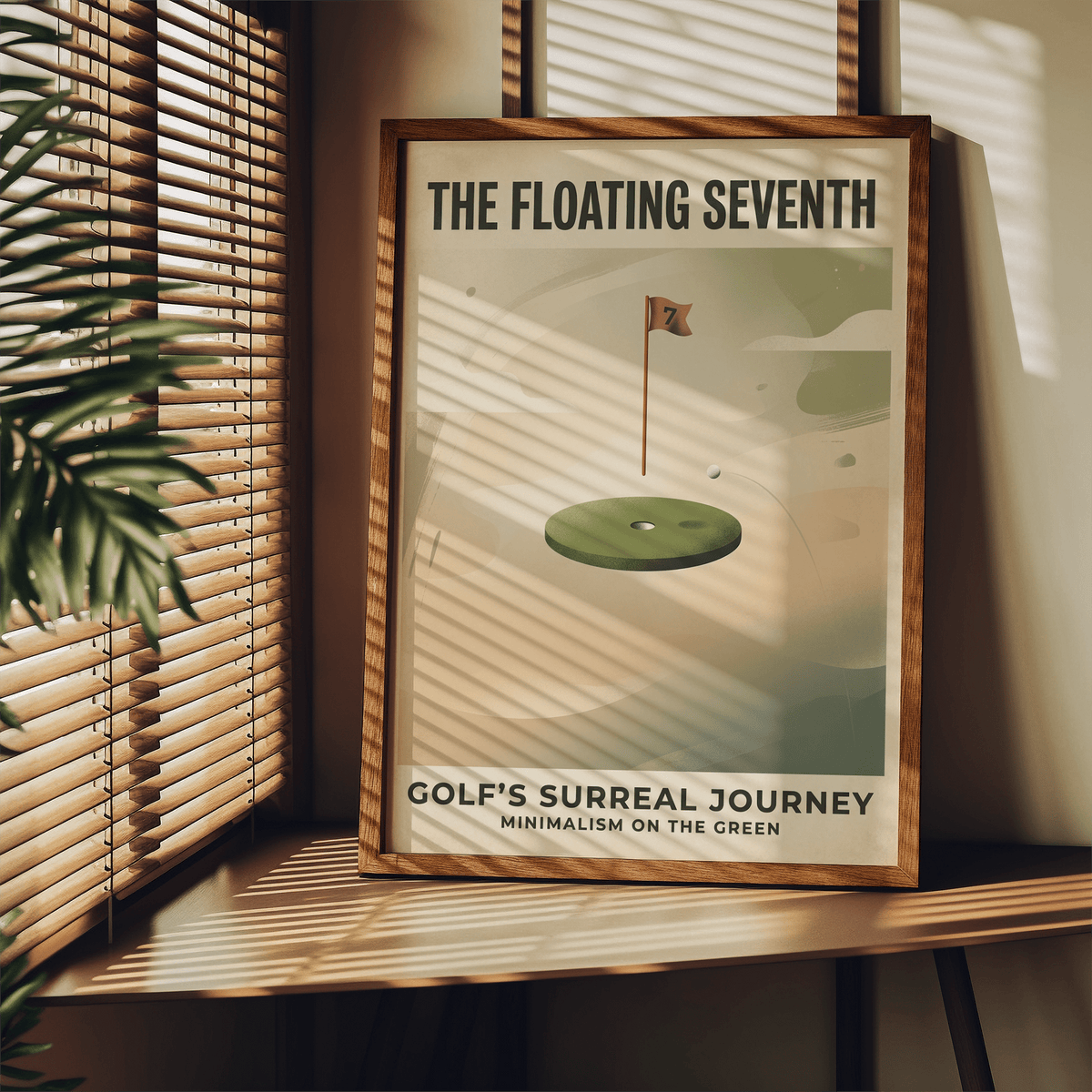 Graphic golf wall art print featuring a single hole cup on a levitating green platform