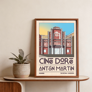 Detail crop of Madrid Landmark Poster with large Cine Doré Antón Martín typography and coordinate text
