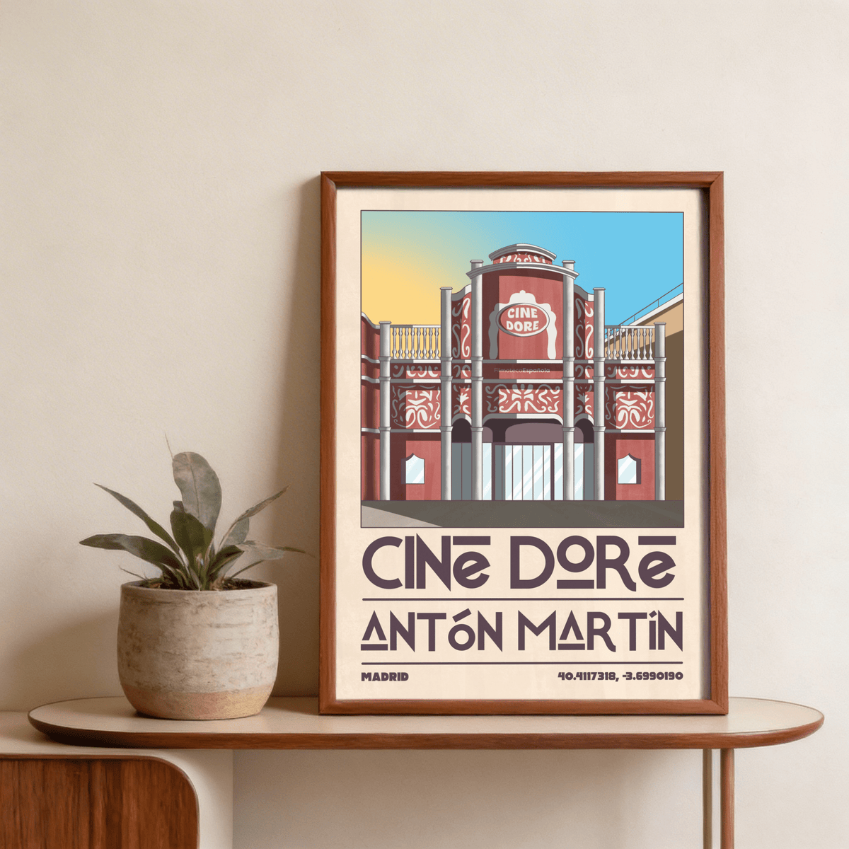 Detail crop of Madrid Landmark Poster with large Cine Doré Antón Martín typography and coordinate text