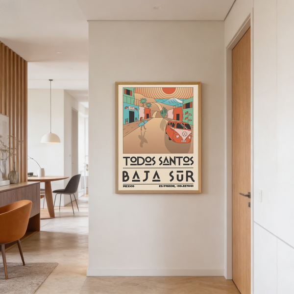 Baja Sur Art Print angled display highlighting Todos Santos text and warm palette
