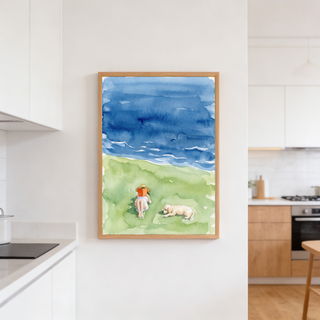 Seaside scene wall art print focused on the lounging dog and the reader holding an open book