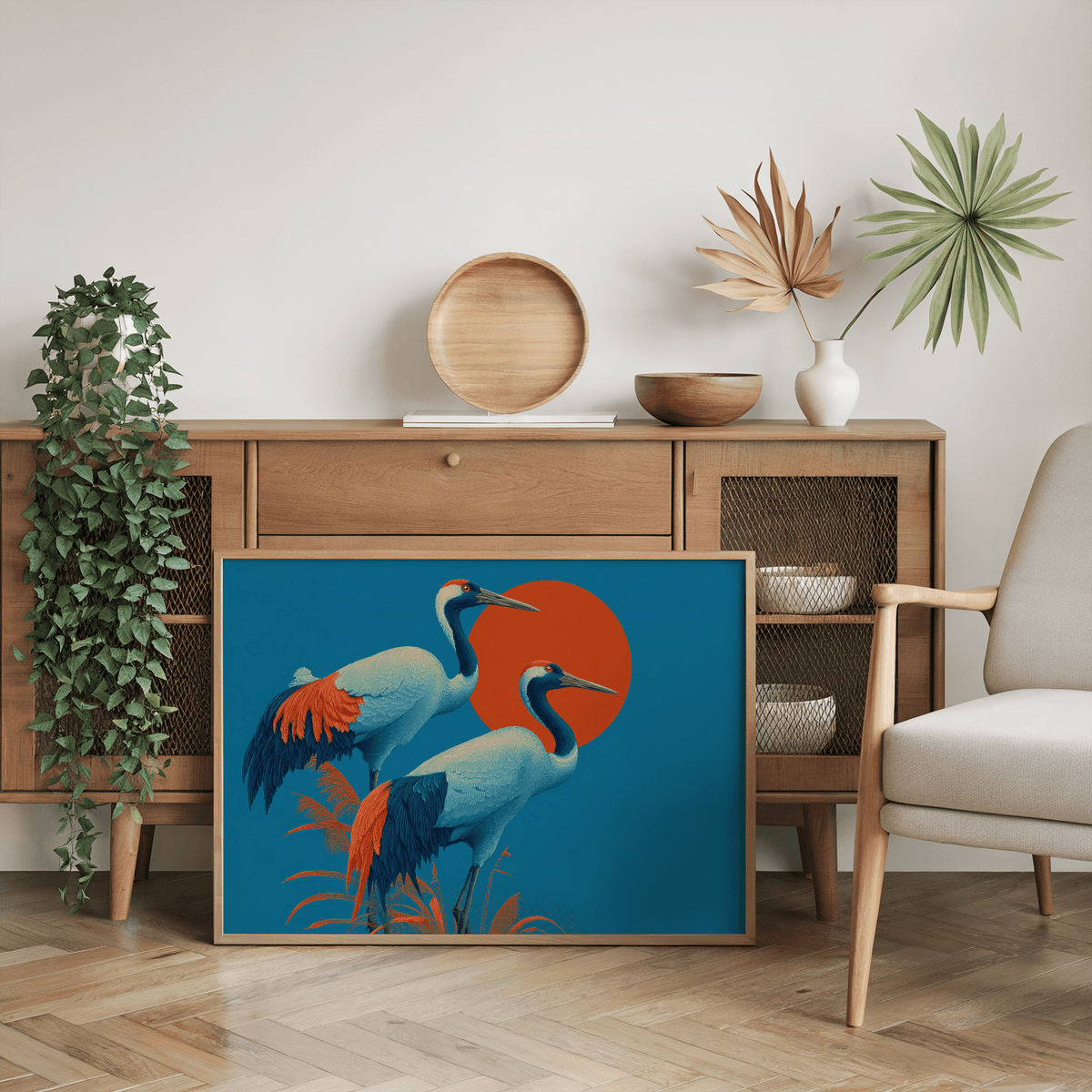Minimalist Cranes Artwork wall art in blue, white, and orange for home