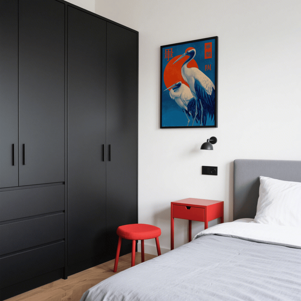 Contemporary Cranes Art Print, Blue background with Red and White, dining room poster