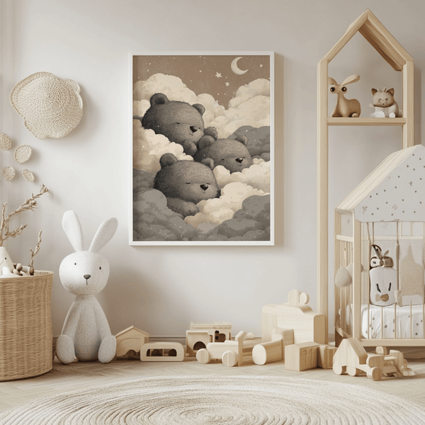 Teddy Bear Wall Art for Nursery using White, Beige tones for calming print
