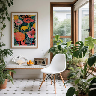 Abstract wall art flower with oversized orange and pink blossoms in a striking vertical layout.