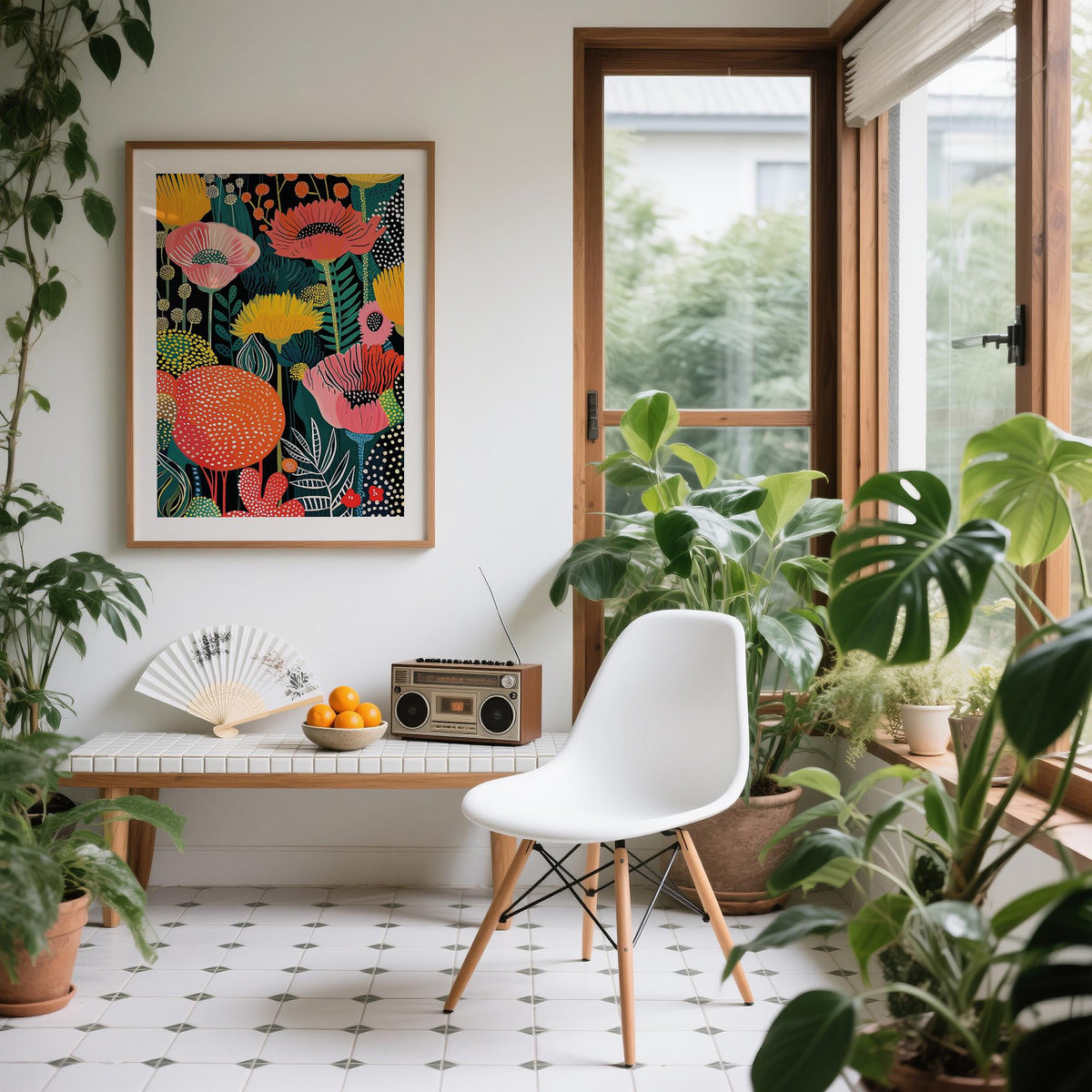 Abstract wall art flower with oversized orange and pink blossoms in a striking vertical layout.