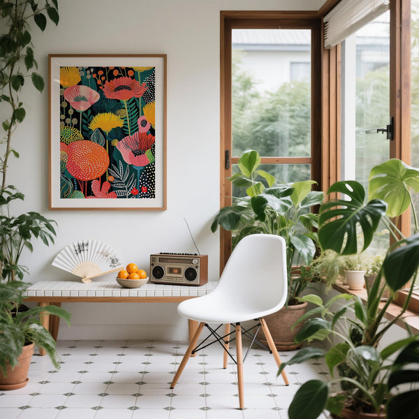 Abstract wall art flower with oversized orange and pink blossoms in a striking vertical layout.