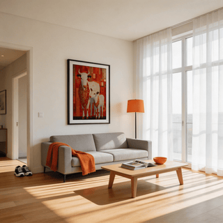 Sacred Cow Wall Art displayed above sofa with orange and blue cushions
