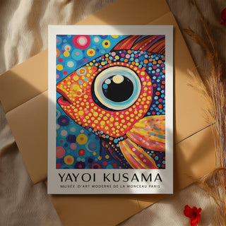 Tropical themed colorful fish art print in yellow and indigo for bathroom walls