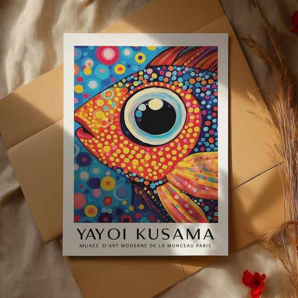 Tropical themed colorful fish art print in yellow and indigo for bathroom walls