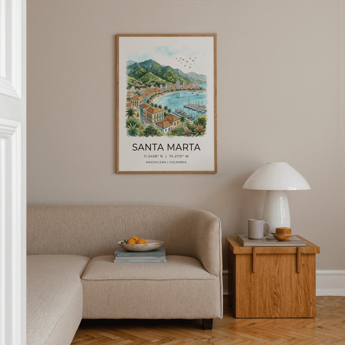 Detailed travel poster print featuring Santa Marta coastline, rooftops, and birds in sky