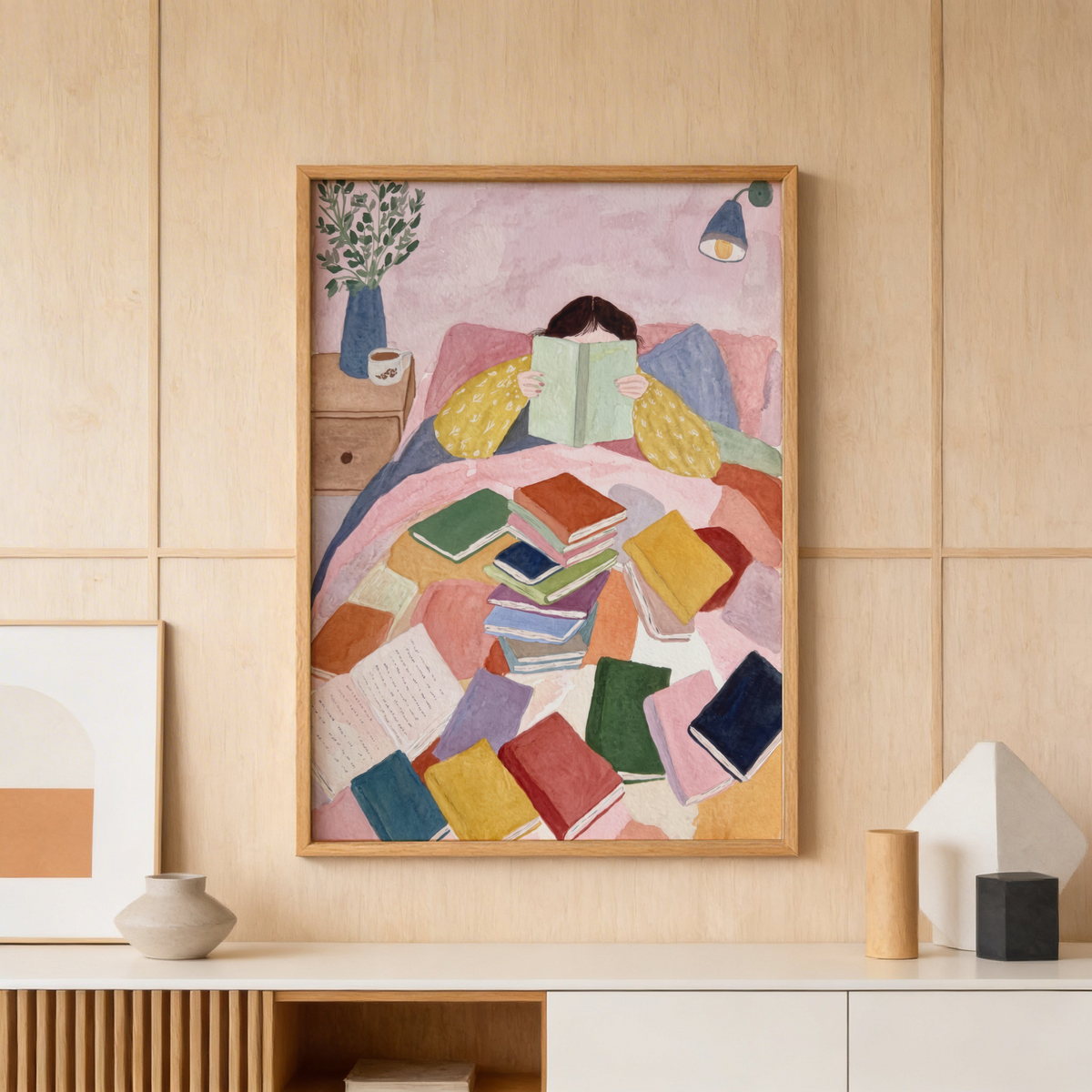 Watercolor bedroom wall art print showing a woman reading beneath a wall lamp