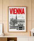 Illustrated Vienna cityscape wall art print with cathedral spire and clouds