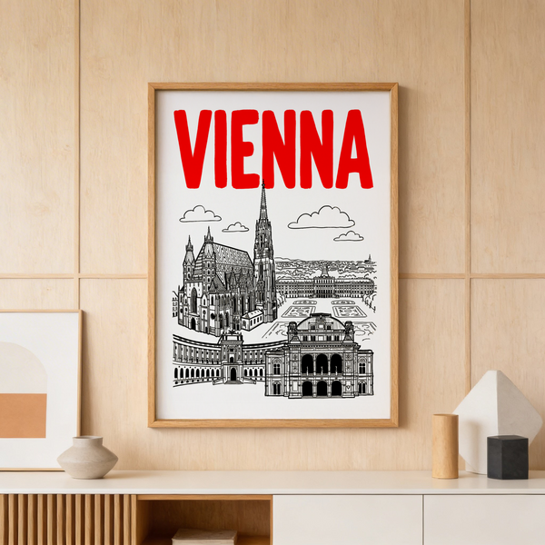 Illustrated Vienna cityscape wall art print with cathedral spire and clouds