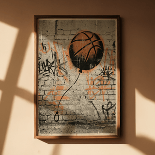 Depicting street-art basketball print poster on textured bricks with scattered tag marks