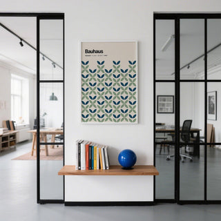 Mid-century modern blue and green wall art with symmetrical petal layout.
