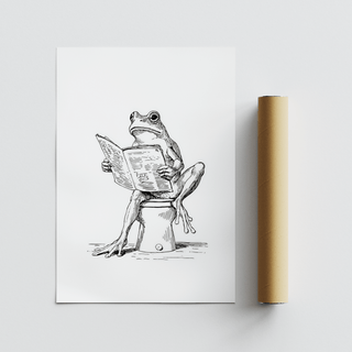 Sketch of a frog perched on a toilet reading, humorous wall art print