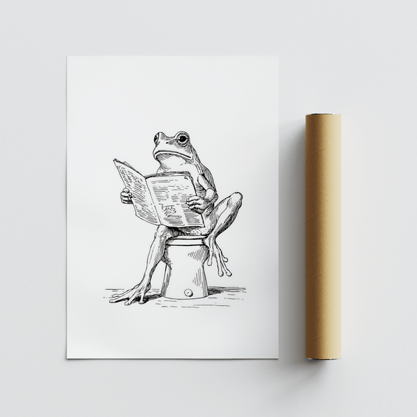 Sketch of a frog perched on a toilet reading, humorous wall art print