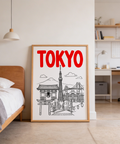 Bold TOKYO headline poster with line-drawn skyline and tower