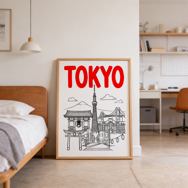 Bold TOKYO headline poster with line-drawn skyline and tower