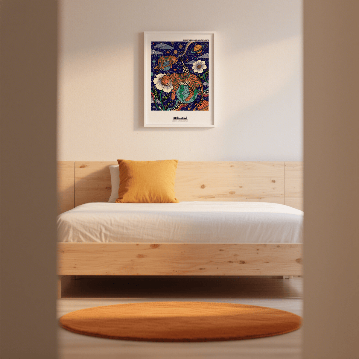 Surreal galaxy animal wall art print with spotted leopards floating among planets and stars