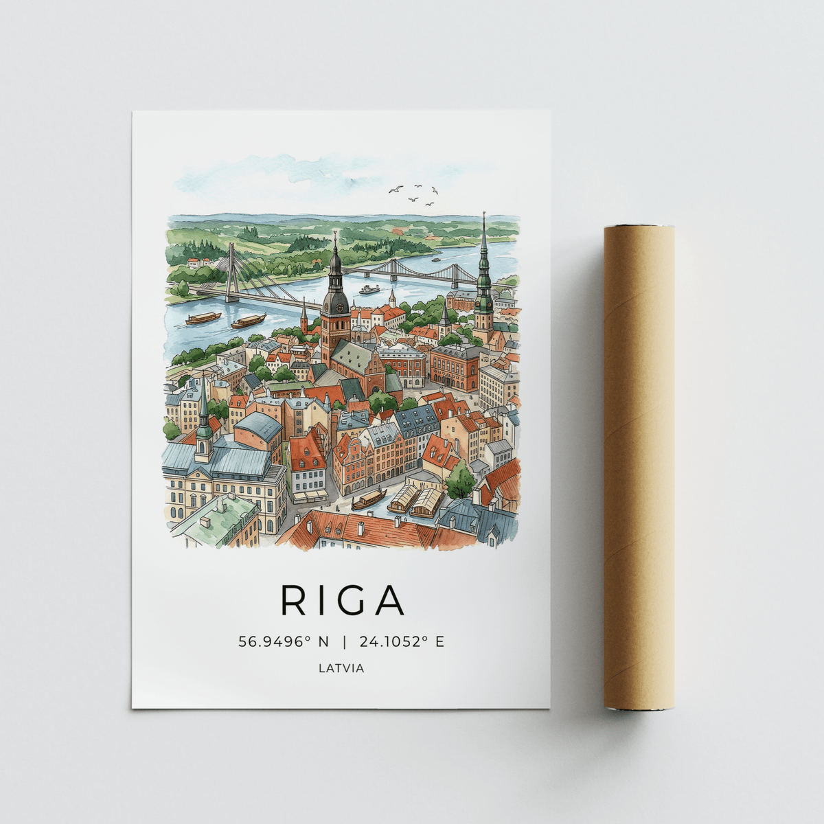 Boats on reflective river beneath Riga skyline illustration with birds in flight