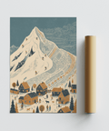 Winter Mountain Art Print in Blue, Orange, Beige, perfect for kids room