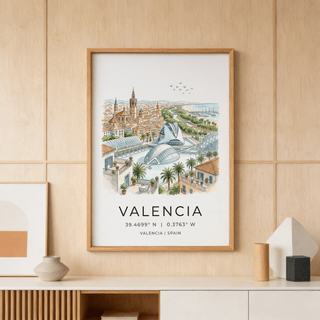 Illustrated Valencia travel print poster showing palm trees, bridges, and waterfront skyline