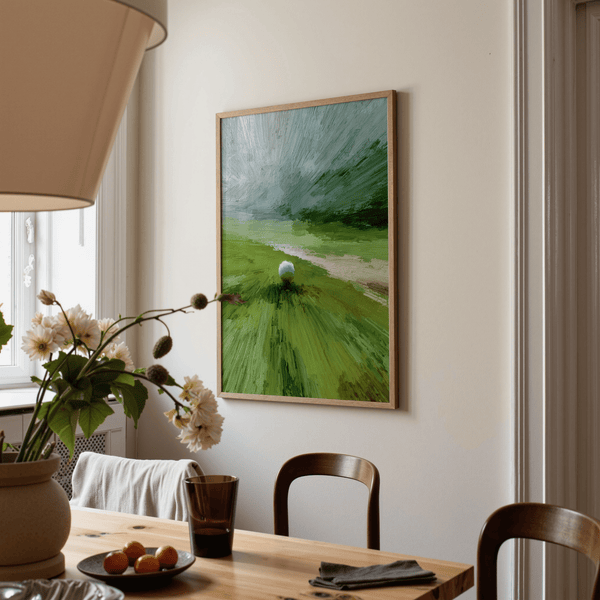 Close view of rough canvas texture around light fairway stripe