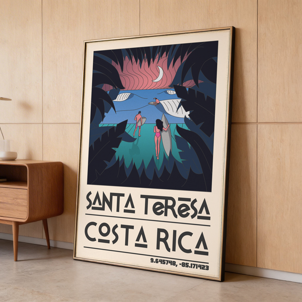 Close-up lettering on Costa Rica Surf Art highlighting Santa Teresa