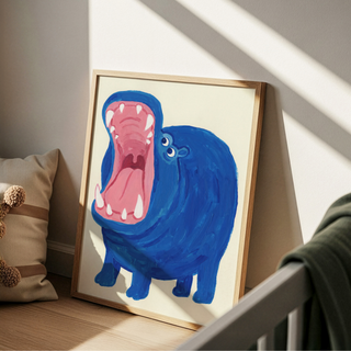 Blue Hippo Art Print showing bold brush texture and pink tongue