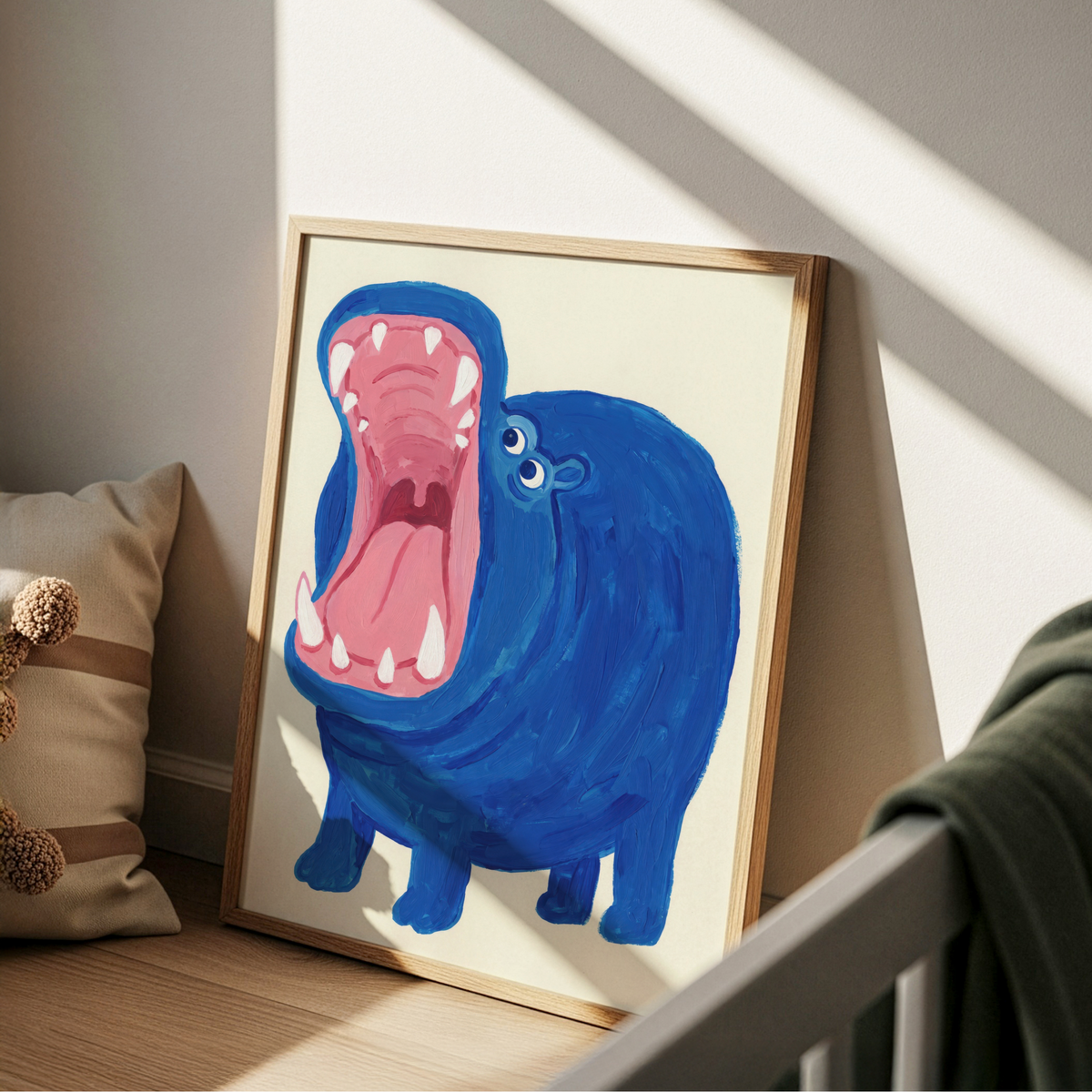 Blue Hippo Art Print showing bold brush texture and pink tongue