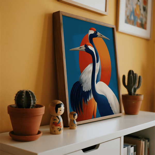 Large Birds Wall Art Orange and Blue print for dining room wall art
