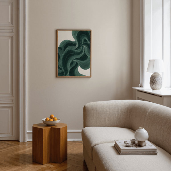 Modern abstract Green Wavy Poster in green and beige for bedroom decor