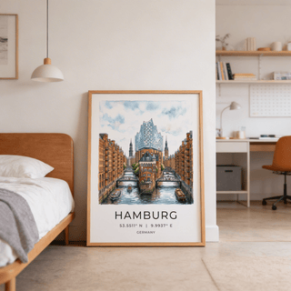 Architectural city poster of Hamburg with boats on the canal and bridge crossings