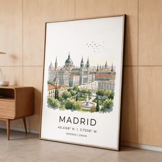 Minimal travel wall art print of Madrid with birds overhead and typography reading MADRID and coordinates