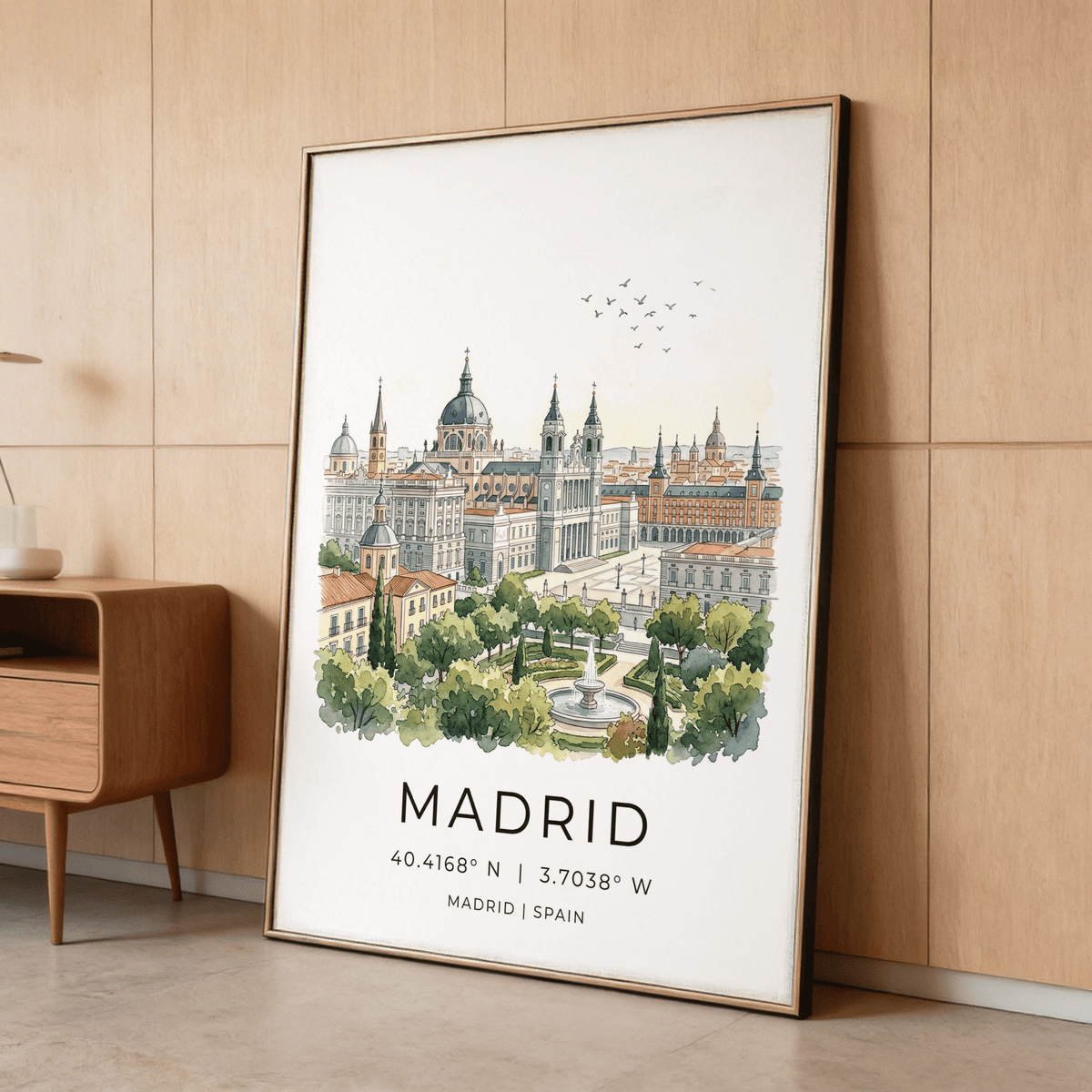 Minimal travel wall art print of Madrid with birds overhead and typography reading MADRID and coordinates